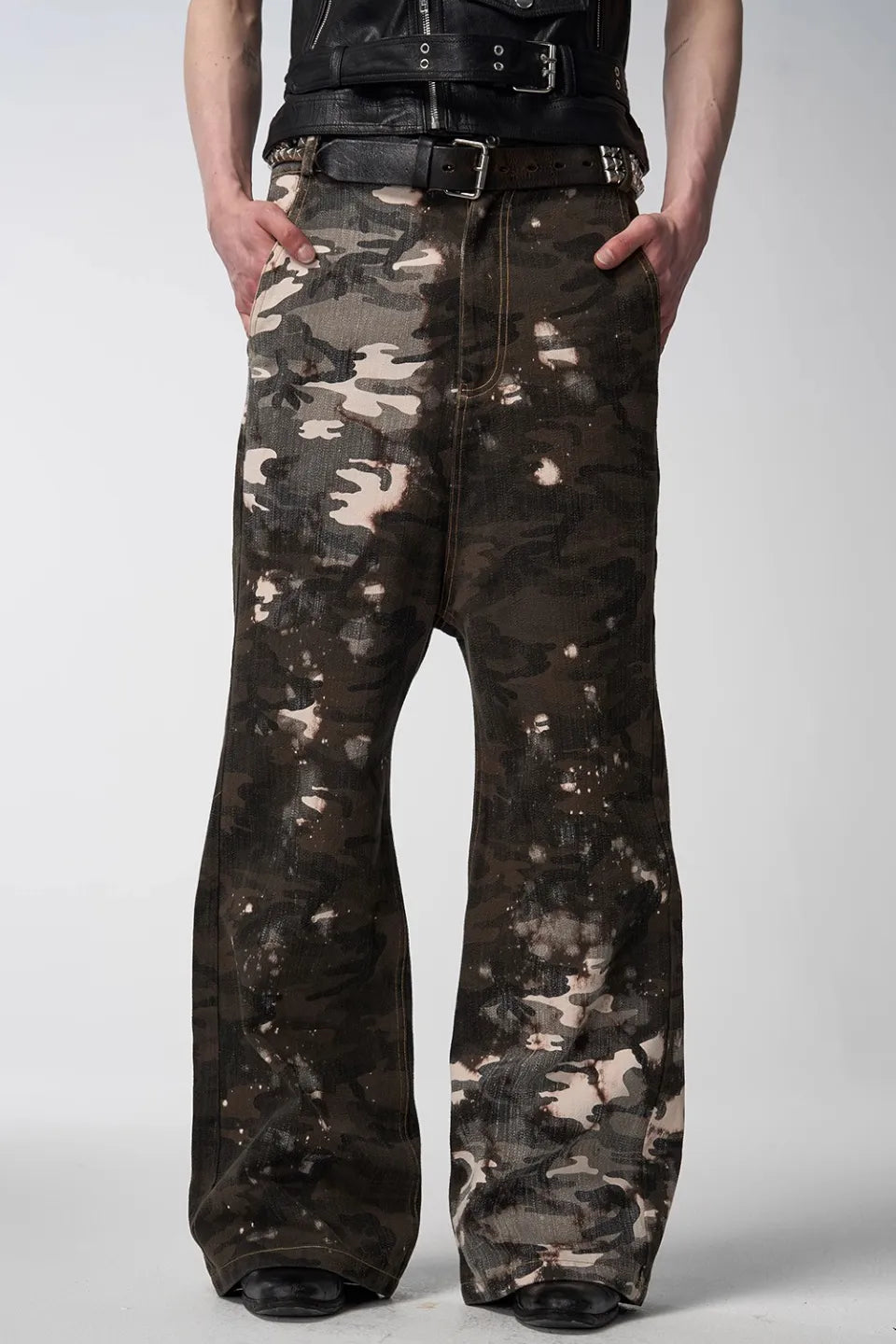 Dissolved Camouflage Faded Drop Crotch Flared Pants