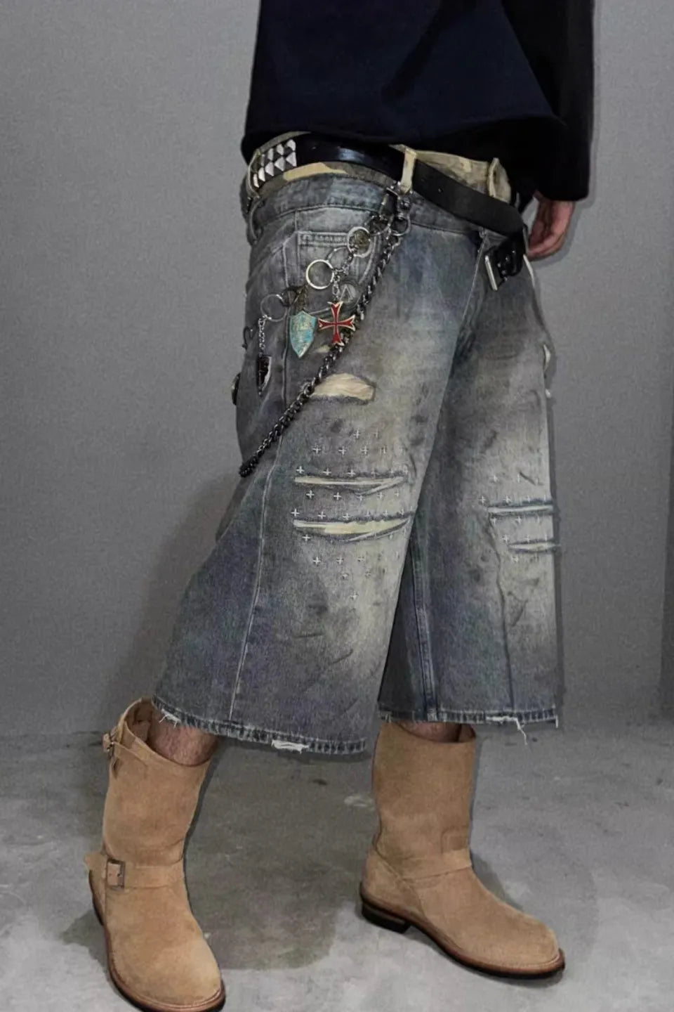 Distressed Double Layer Denim Shorts