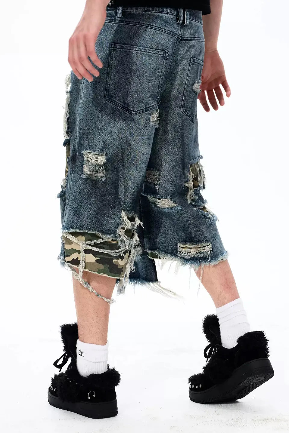 Distressed Layered Woodland Camo Shorts