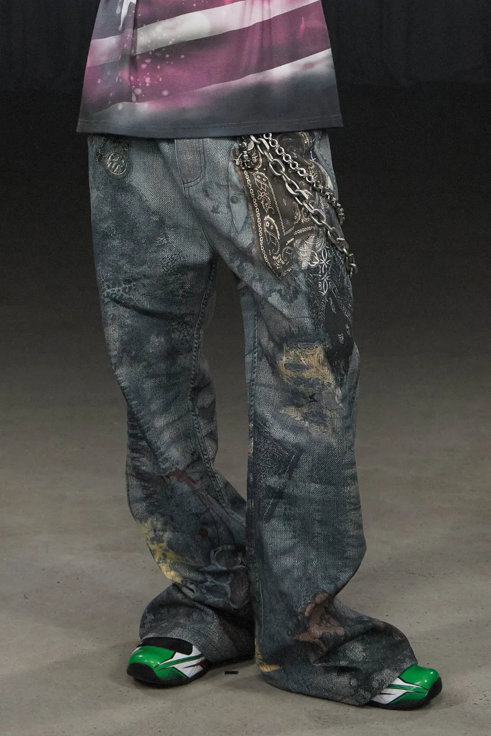 Distressed Paisley Bandana Flared Pants