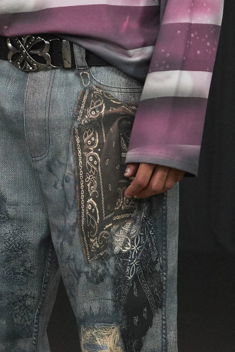 Distressed Paisley Bandana Flared Pants