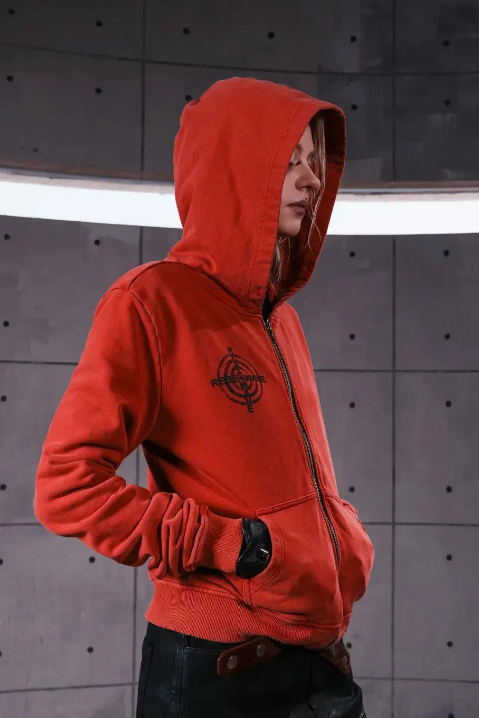 Distressed Red Zip Up Hoodie