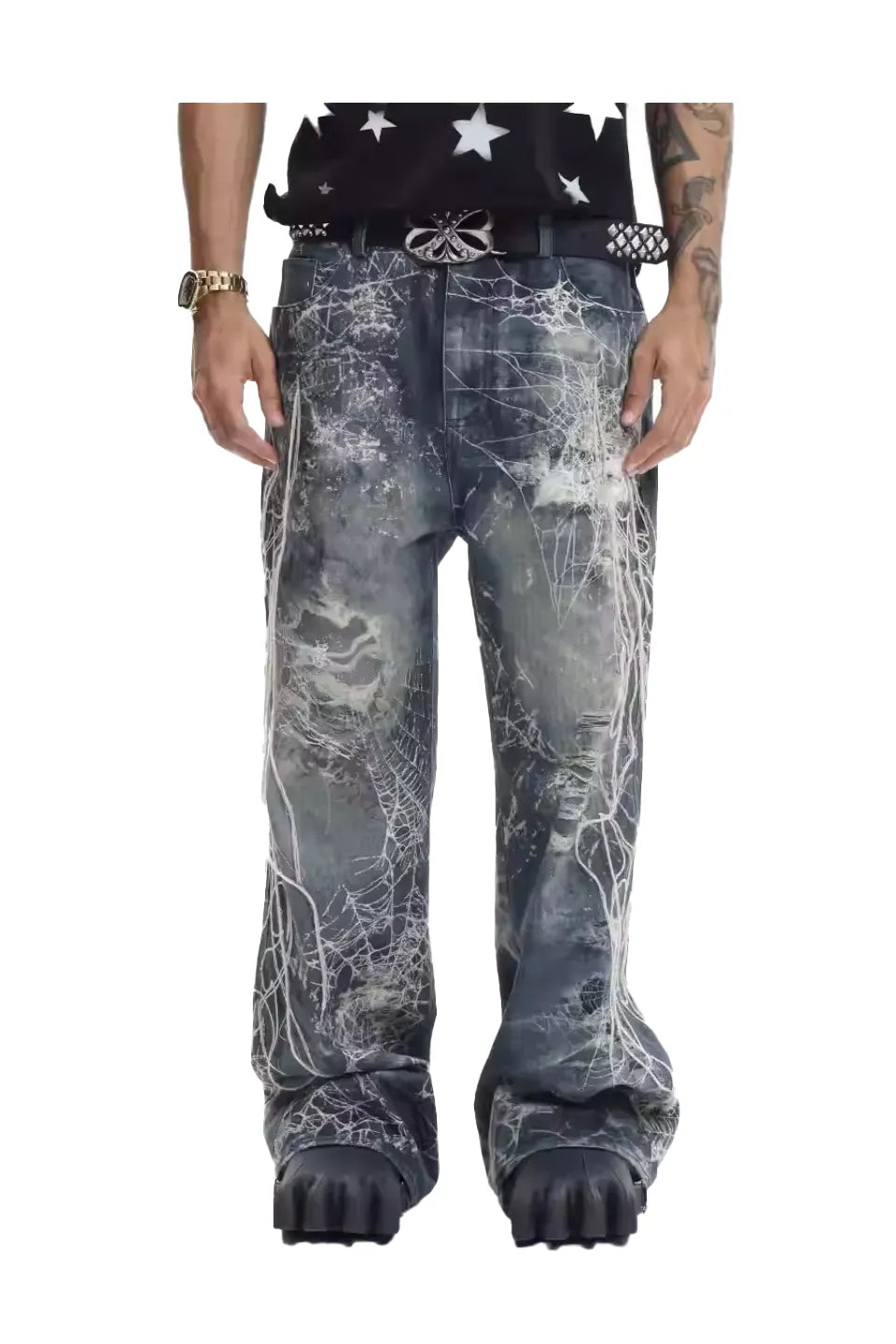 Distressed Spider Web Embroidered Jeans