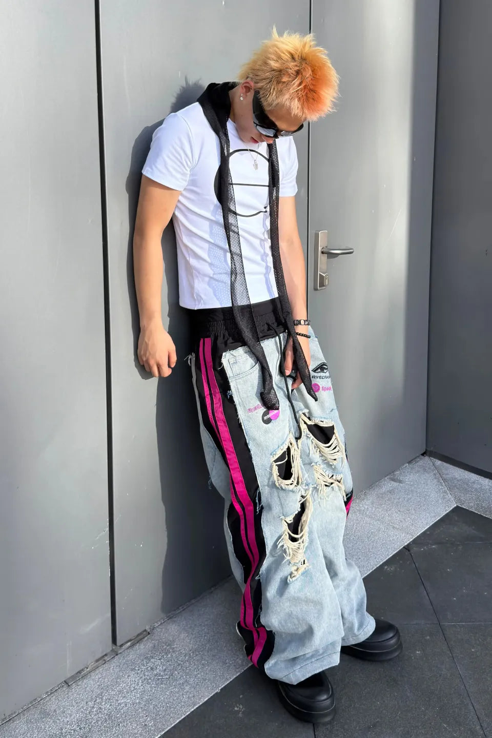 Distressed Pink Stripe Layered Denim