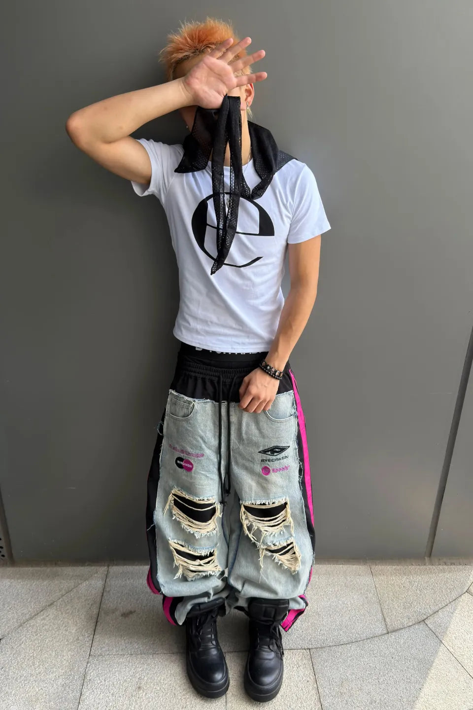Distressed Pink Stripe Layered Denim