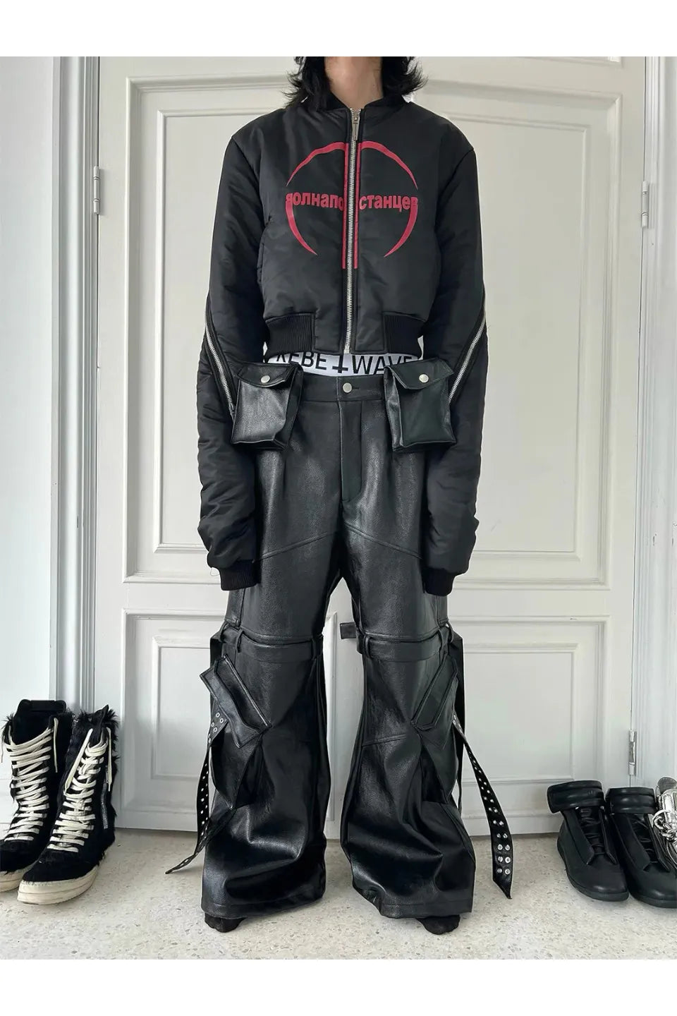 Double Waist Bag Structured Leather Pants