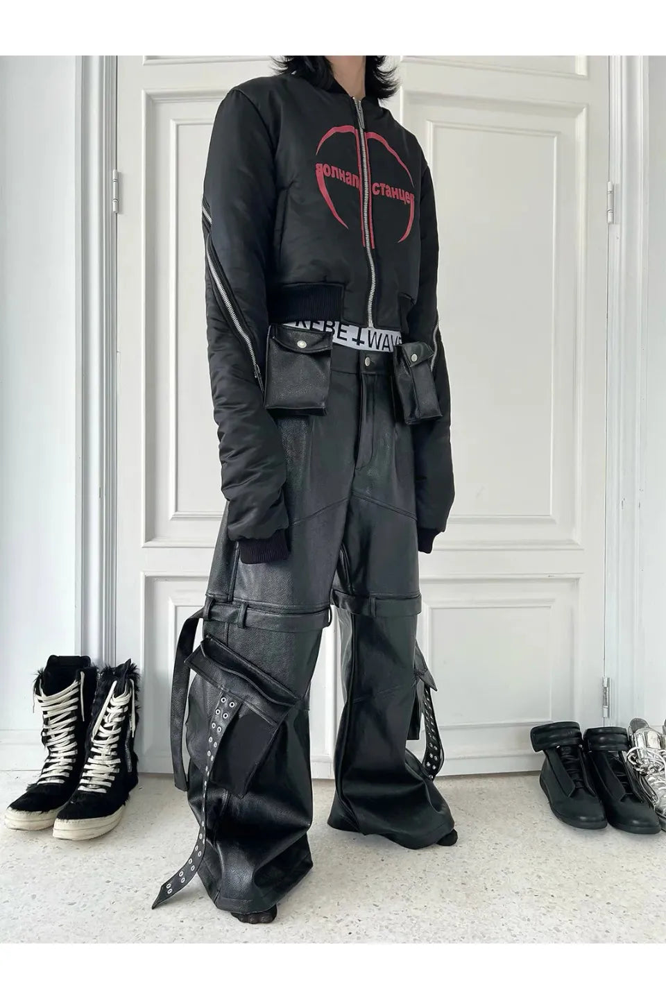 Double Waist Bag Structured Leather Pants