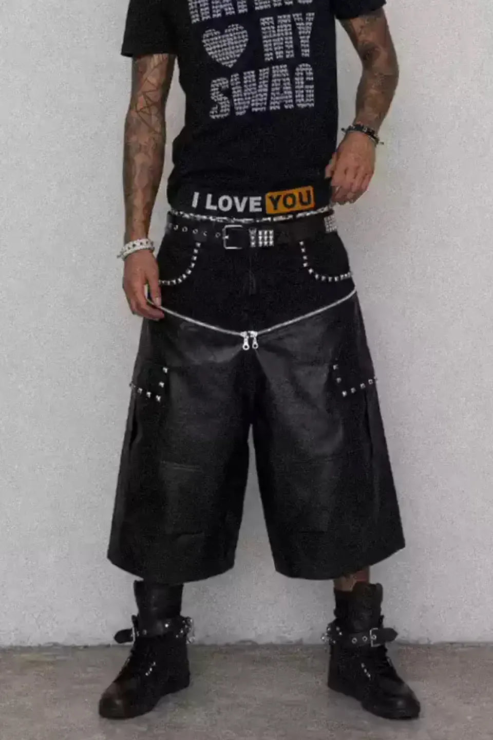 Double Waistband PU Panel Cargo Shorts