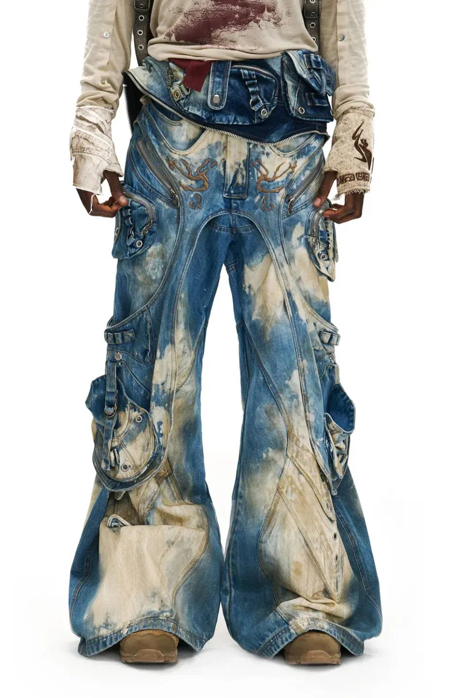 Embroidered Blue to White Gradient Denim Jeans