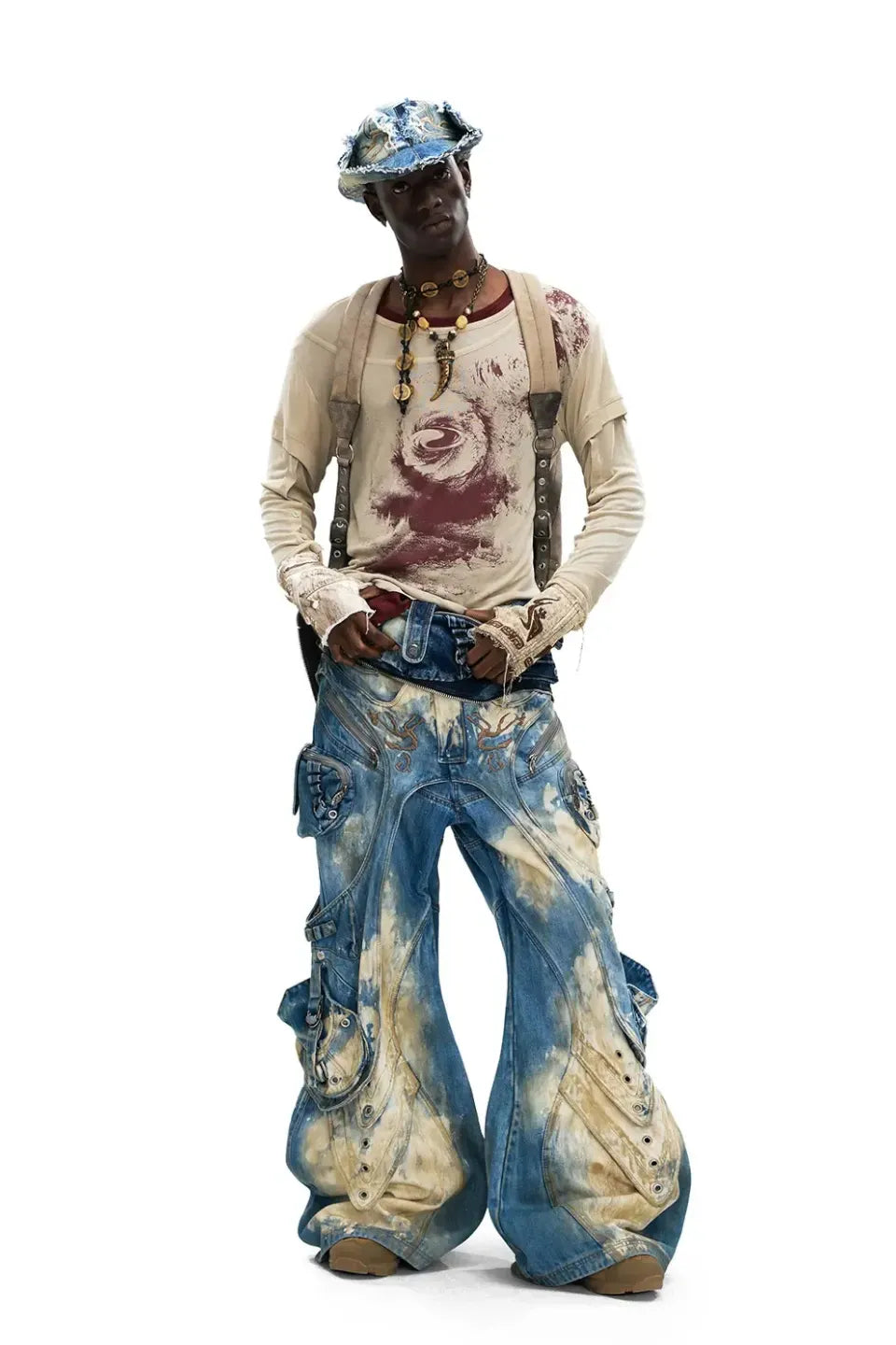 Embroidered Blue to White Gradient Denim Jeans