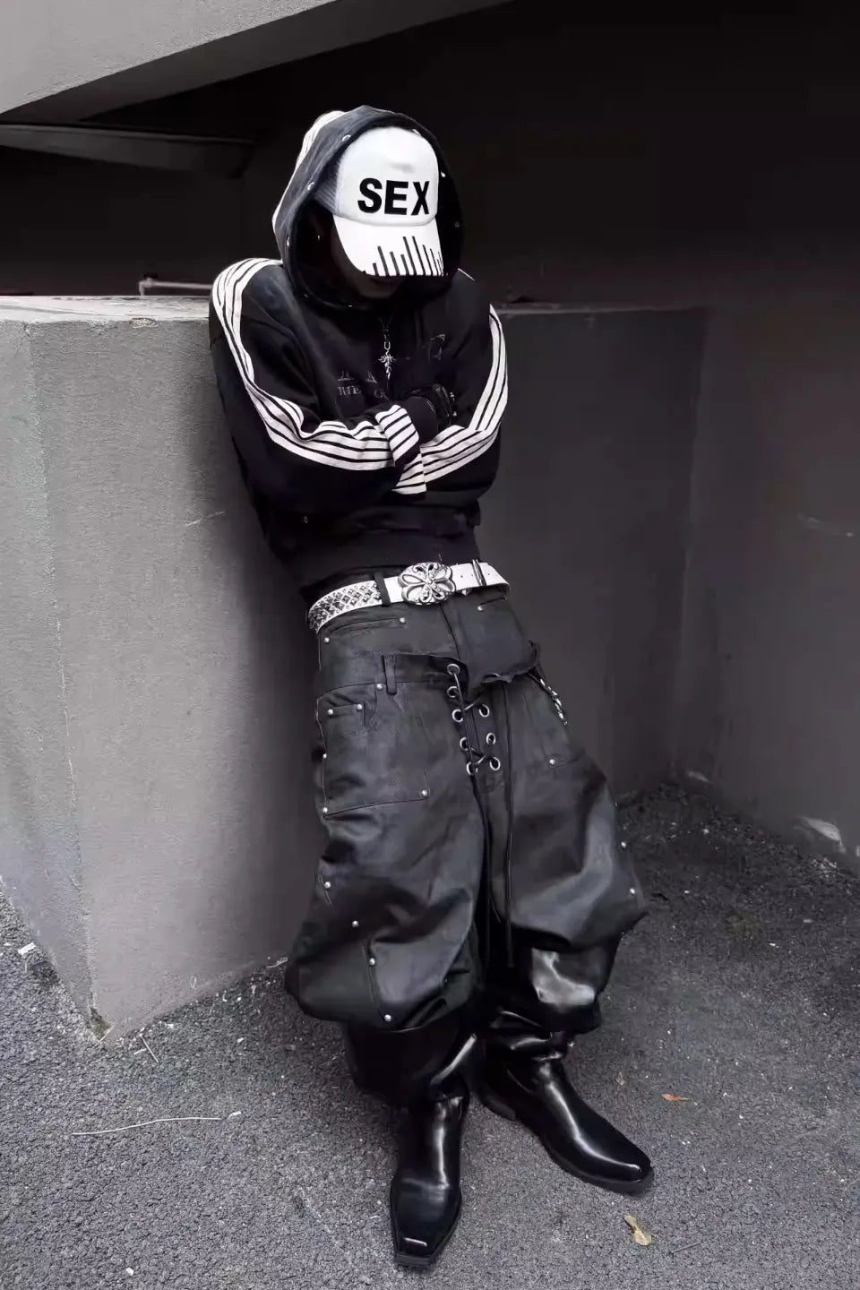 Five Webbing Stripes Distressed Wash and Zipper Cropped Hoodie