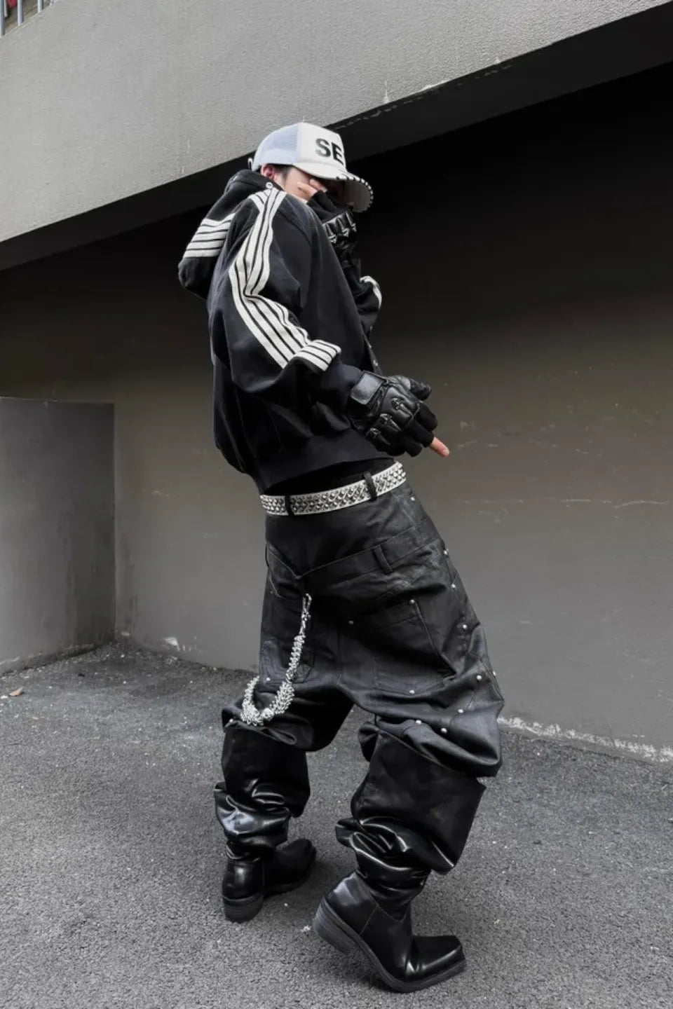 Five Webbing Stripes Distressed Wash and Zipper Cropped Hoodie