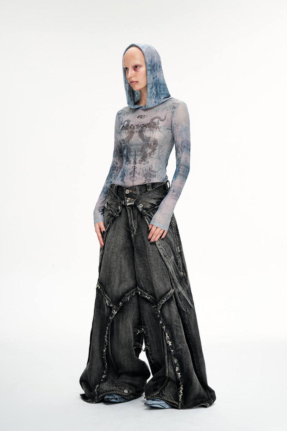 Folded Structure Raw Edges Baggy Jeans