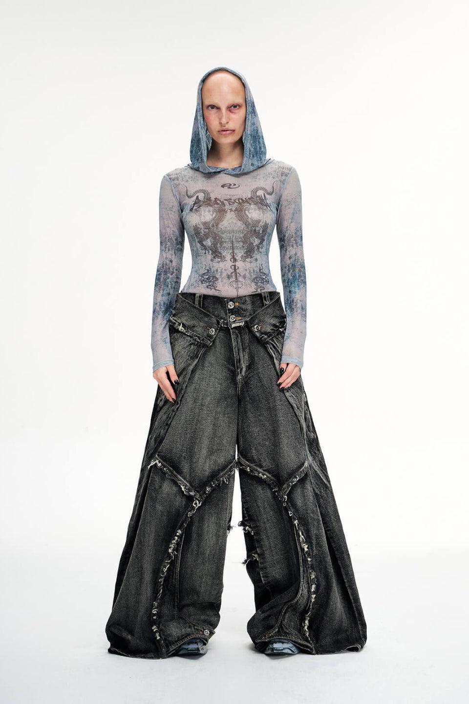 Folded Structure Raw Edges Baggy Jeans