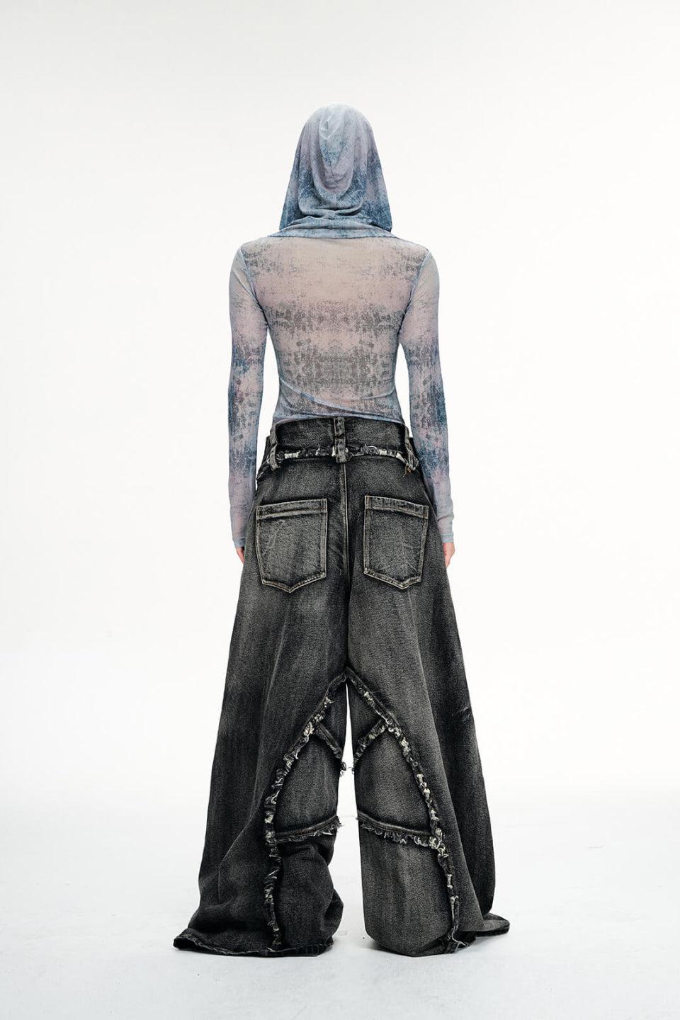 Folded Structure Raw Edges Baggy Jeans
