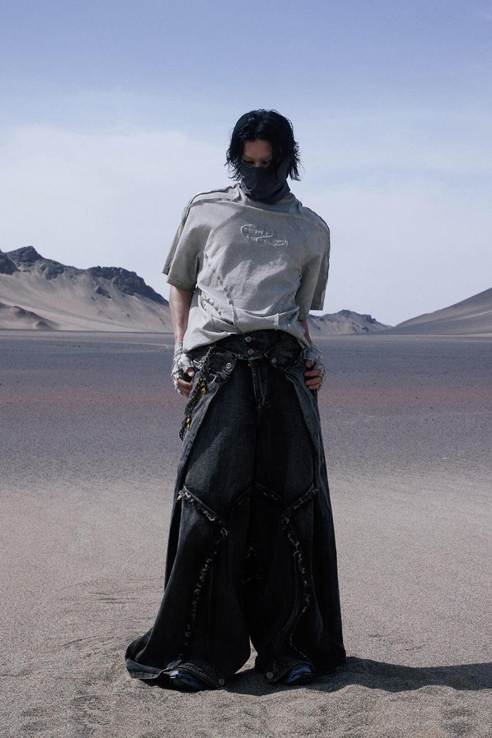 Folded Structure Raw Edges Baggy Jeans