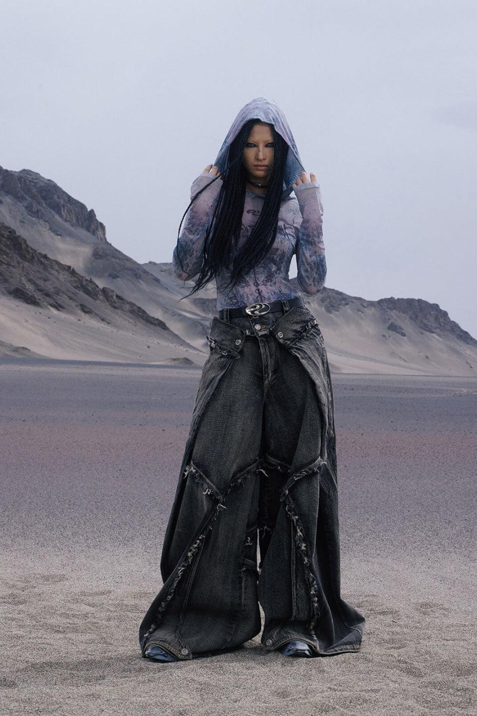 Folded Structure Raw Edges Baggy Jeans