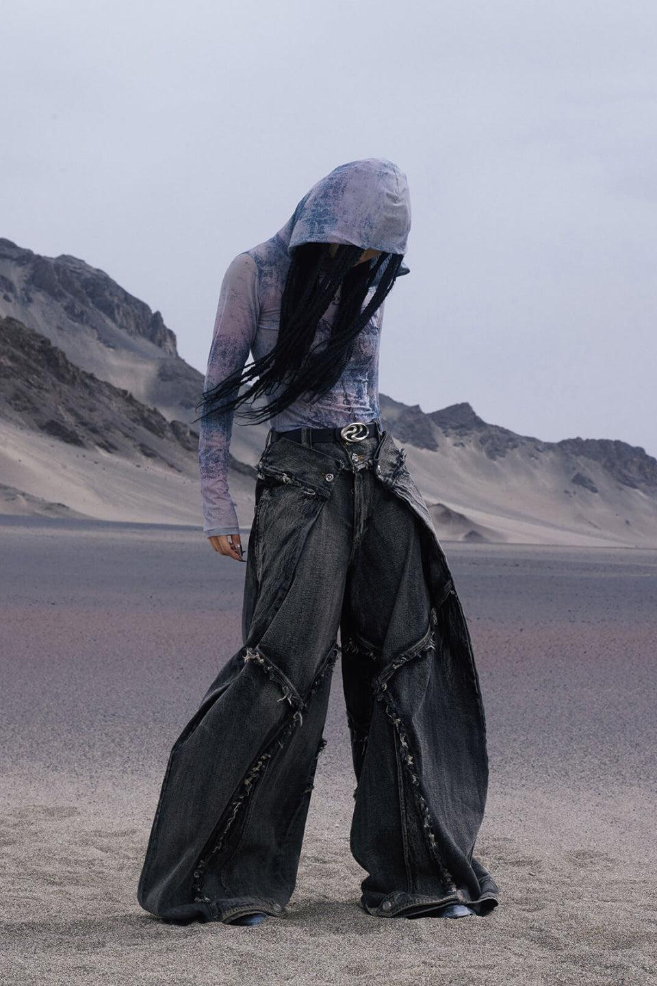 Folded Structure Raw Edges Baggy Jeans