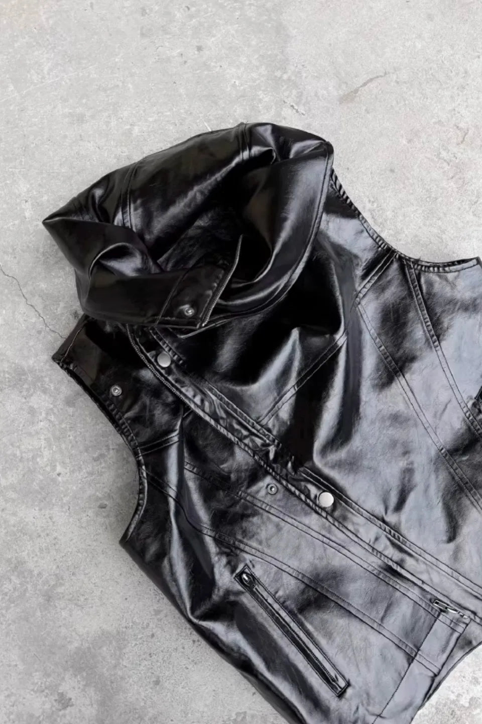 Glossy Stand Up Collar Vest with Zipper and Fur Collar