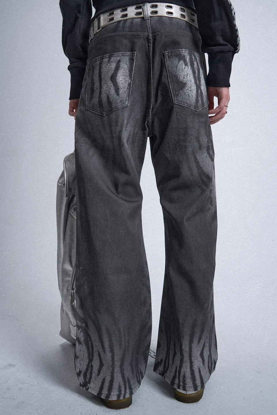 Gradient Tiger Washed Digital Print Wide Leg Bootcut Black and Grey Jeans
