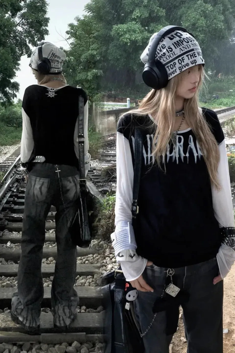 Gradient Tiger Washed Digital Print Wide Leg Bootcut Black and Grey Jeans