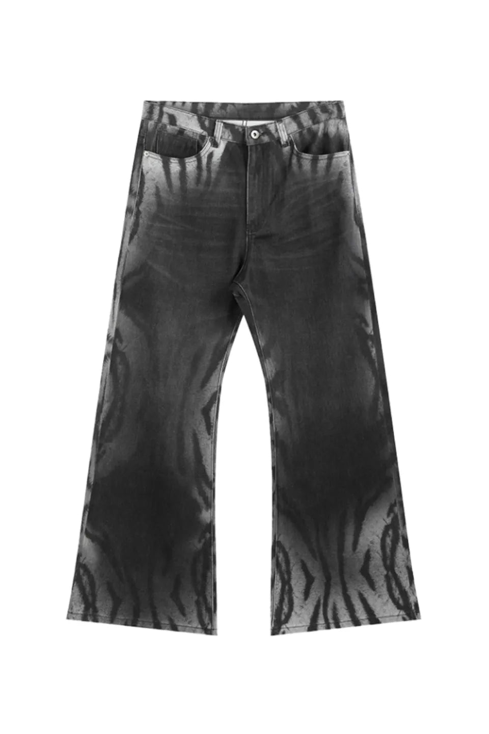 Gradient Tiger Washed Digital Print Wide Leg Bootcut Black and Grey Jeans