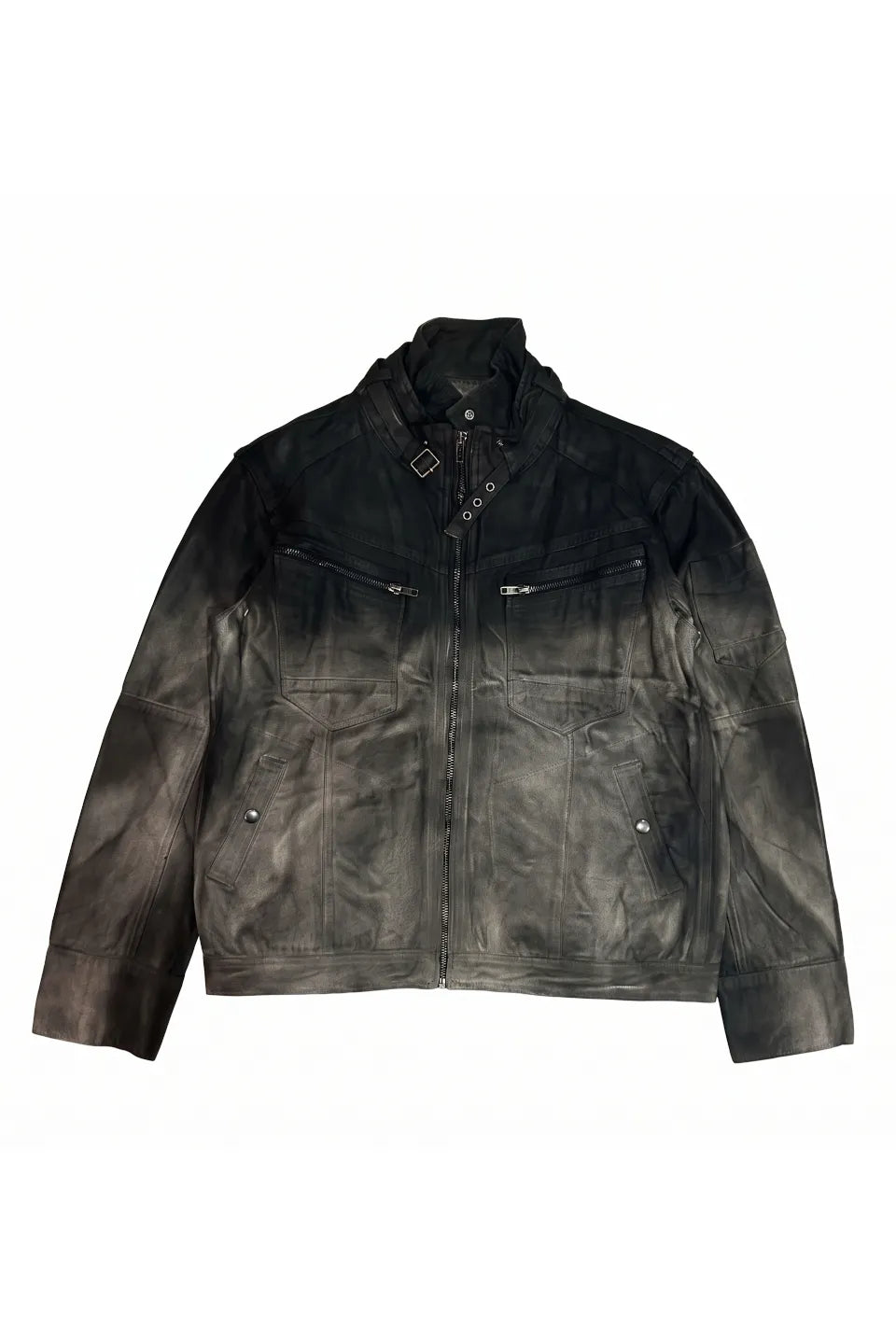 Gradient Distressed Buckle Collar Denim Jacket