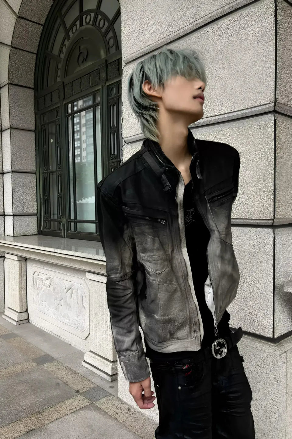 Gradient Distressed Buckle Collar Denim Jacket