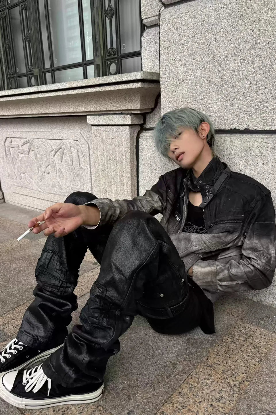 Gradient Distressed Buckle Collar Denim Jacket