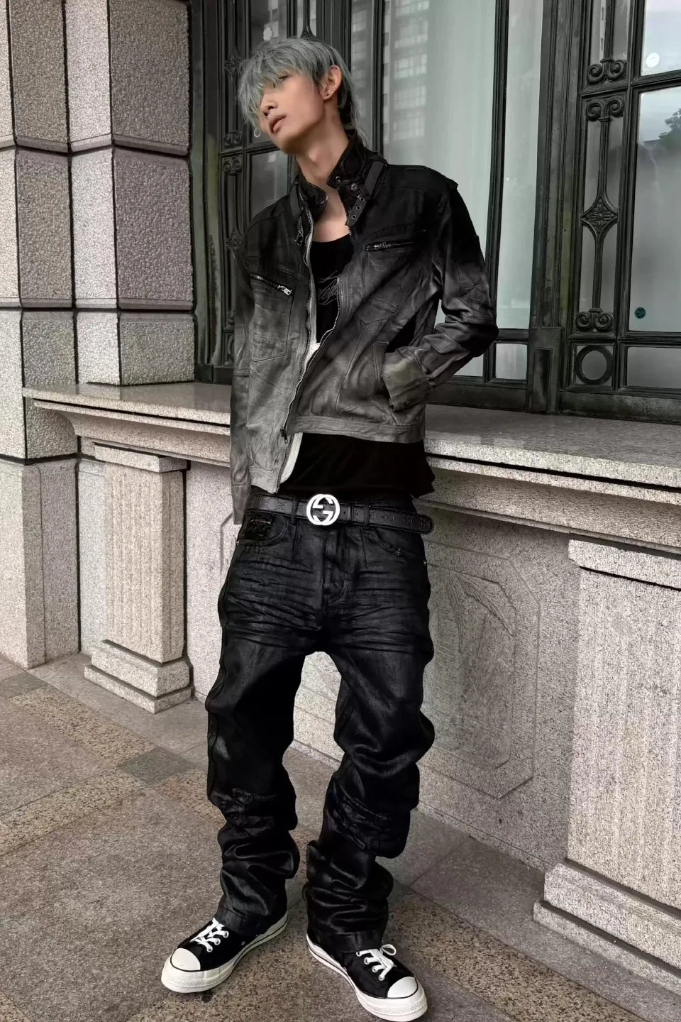 Gradient Distressed Buckle Collar Denim Jacket