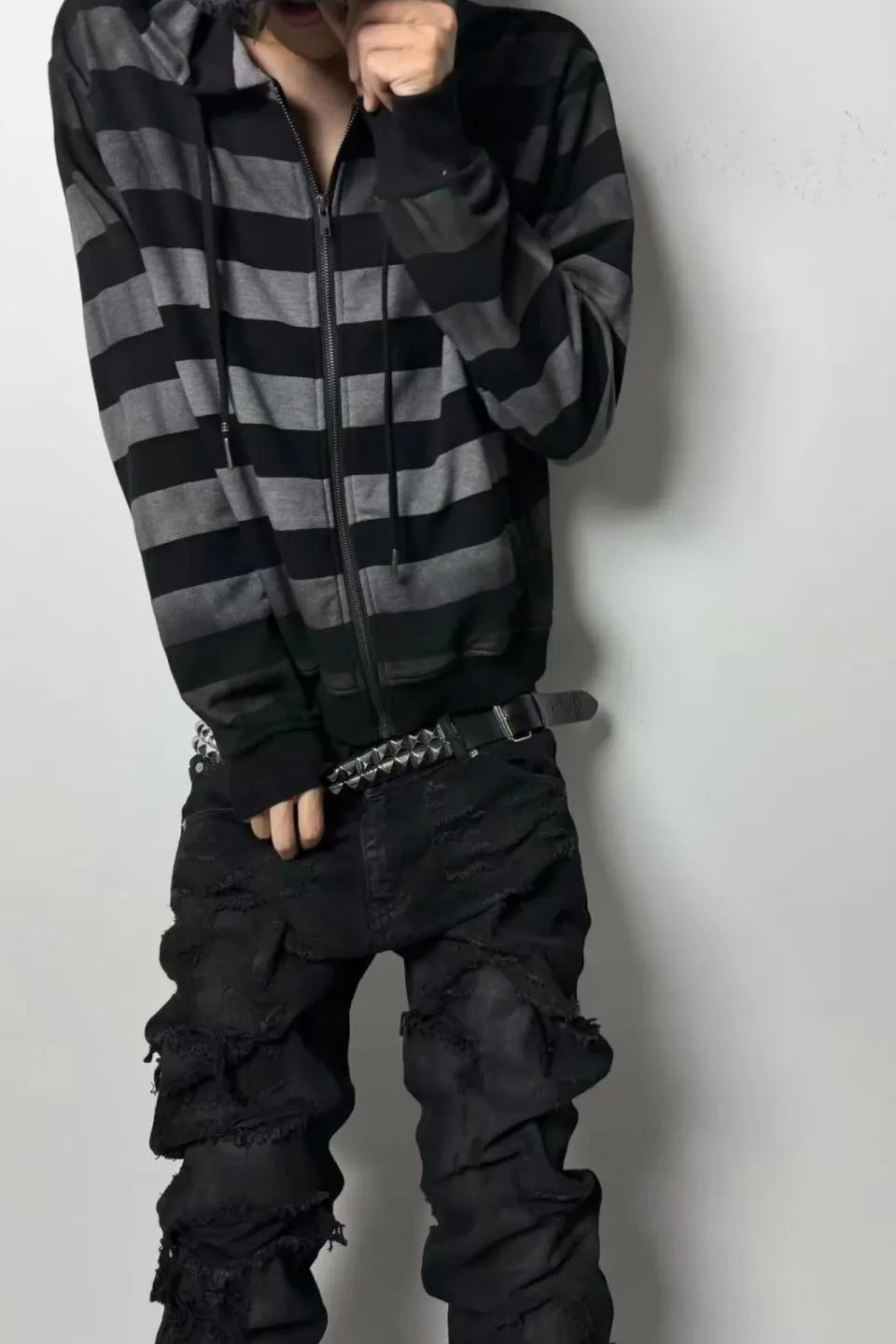 Gradient Striped Dirt Splatter Distressed Zip Hoodie