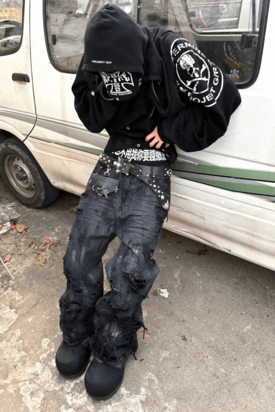 Hand Distressed Wide Leg Jeans