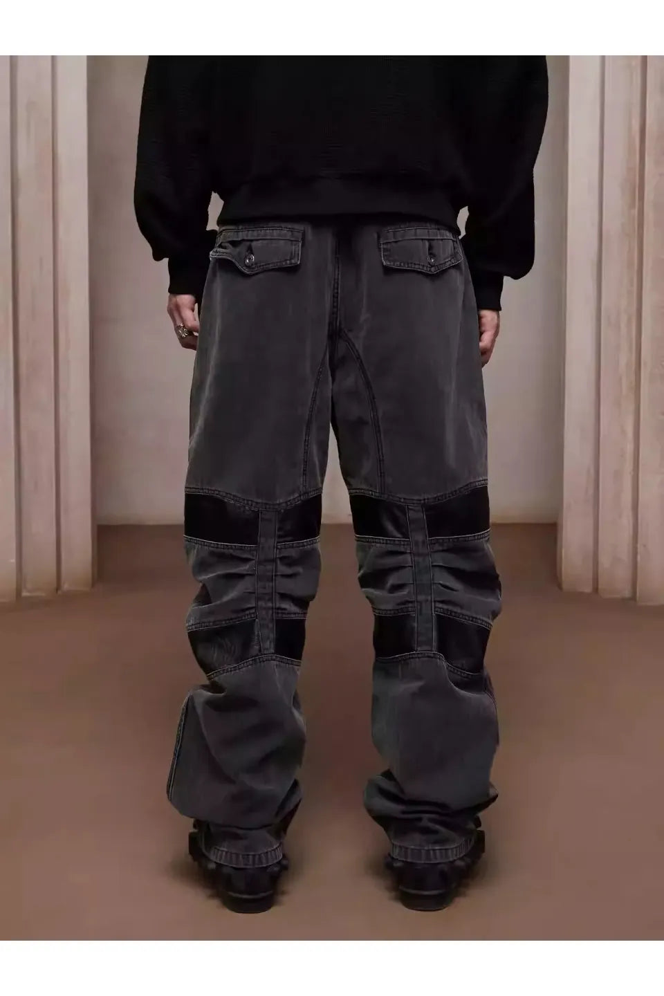 Heavy Duty Washed Patchwork Curved Multi Pocket Cargo Pants