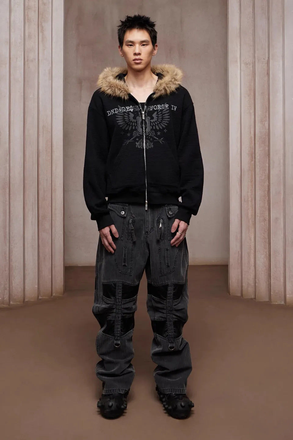 Heavy Duty Washed Patchwork Curved Multi Pocket Cargo Pants