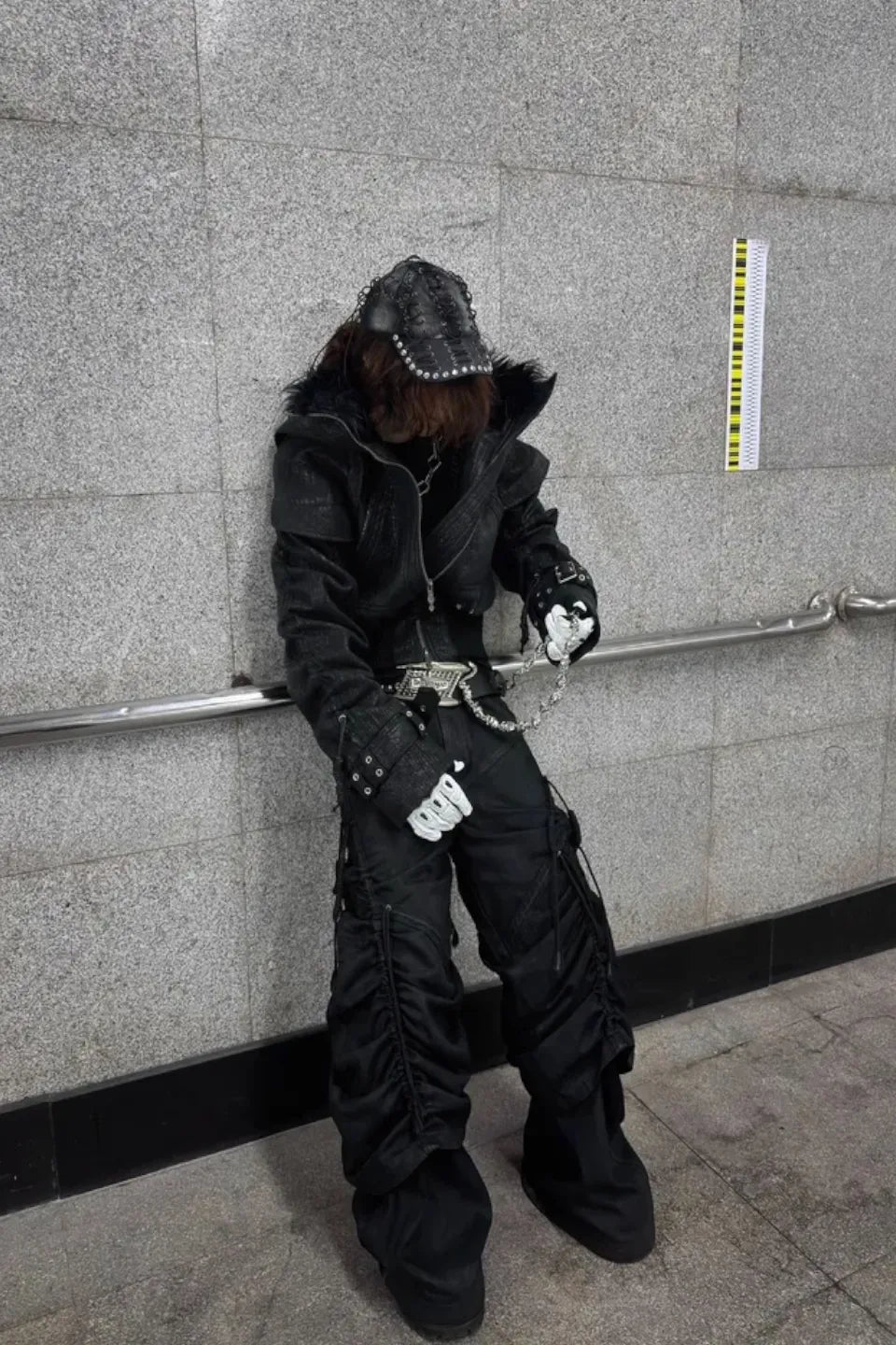 Heavy Texture Hooded Fur Collar Shirred Leather Jacket