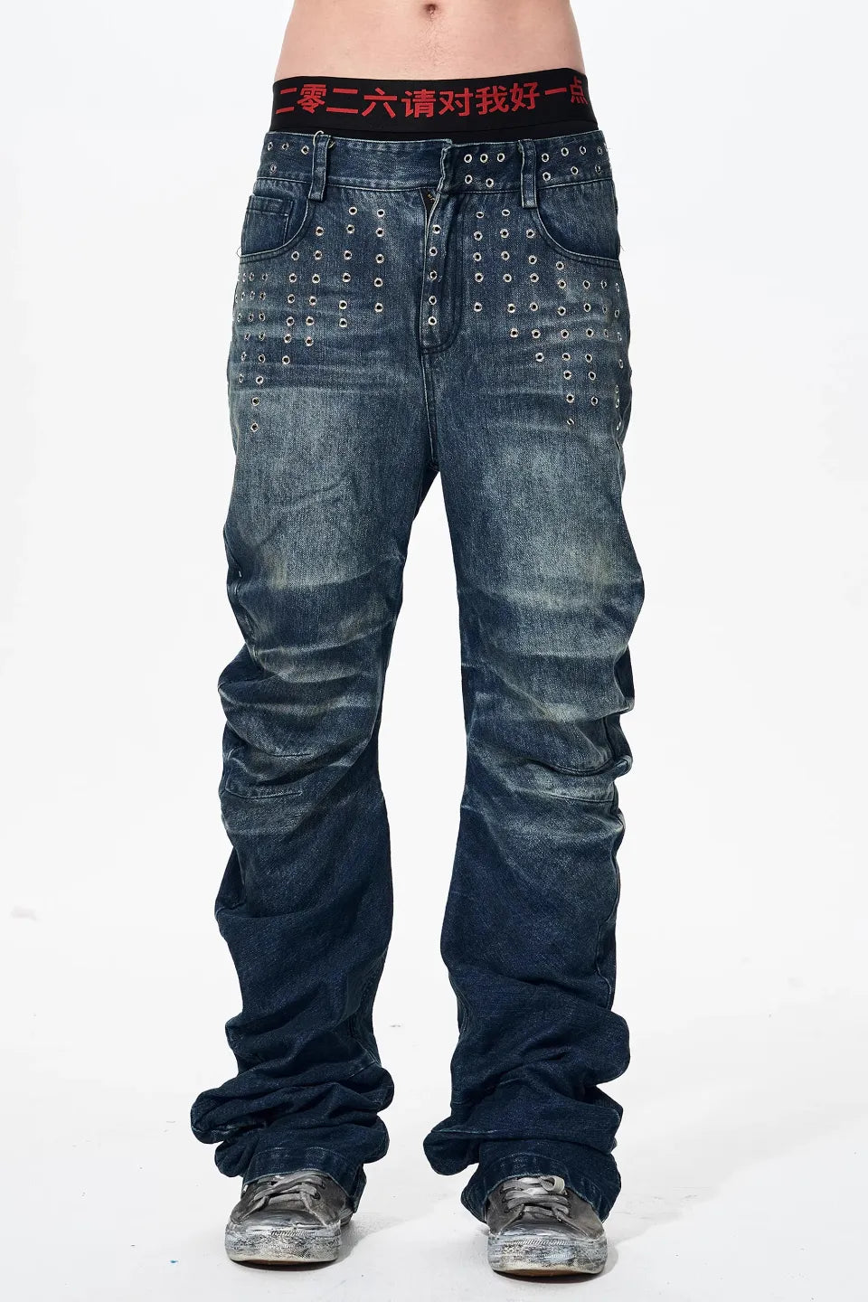FOURTH3EX | Ice Blue Acid Wash Studded Jeans