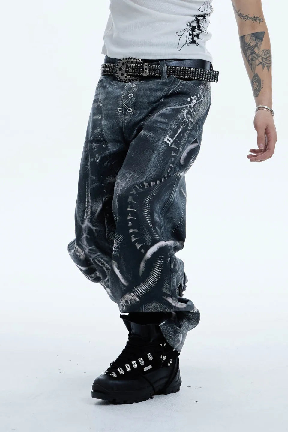 Industrial Pipe Lace Up Graphic Baggy Jeans