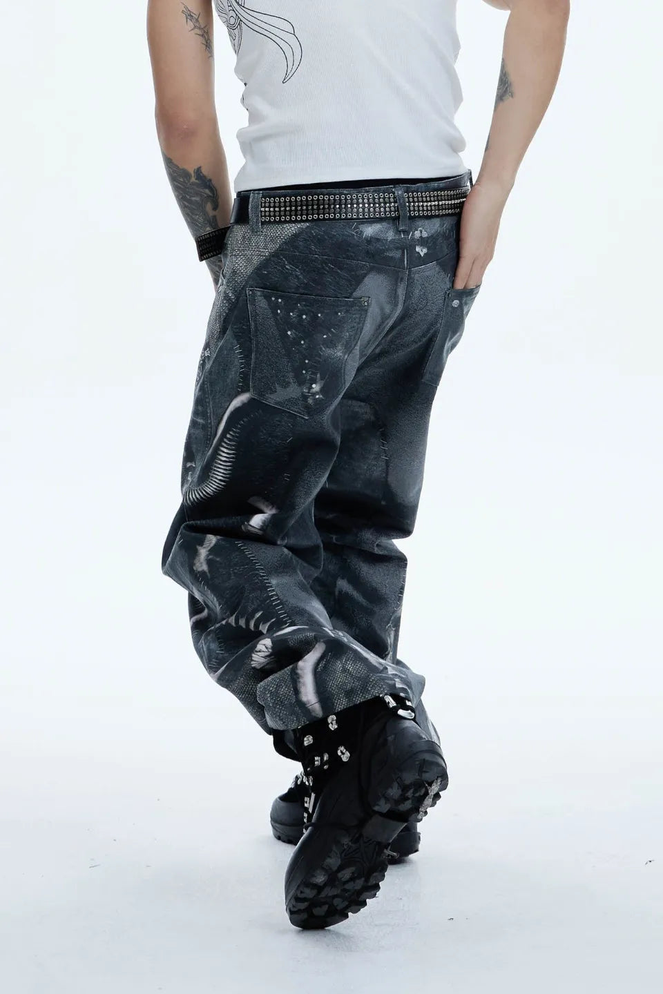 Industrial Pipe Lace Up Graphic Baggy Jeans