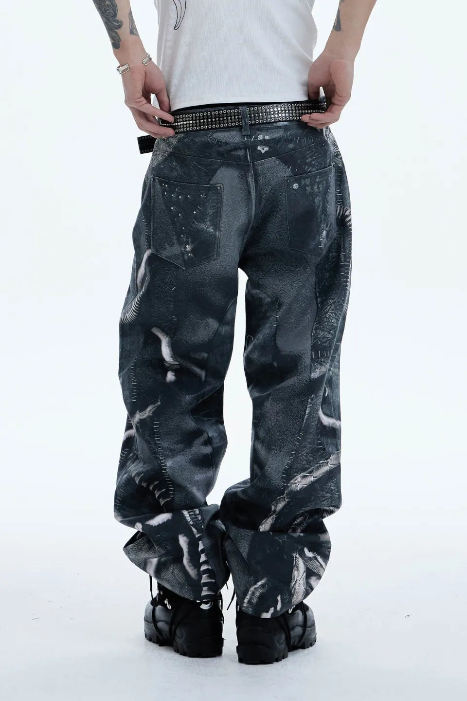 Industrial Pipe Lace Up Graphic Baggy Jeans