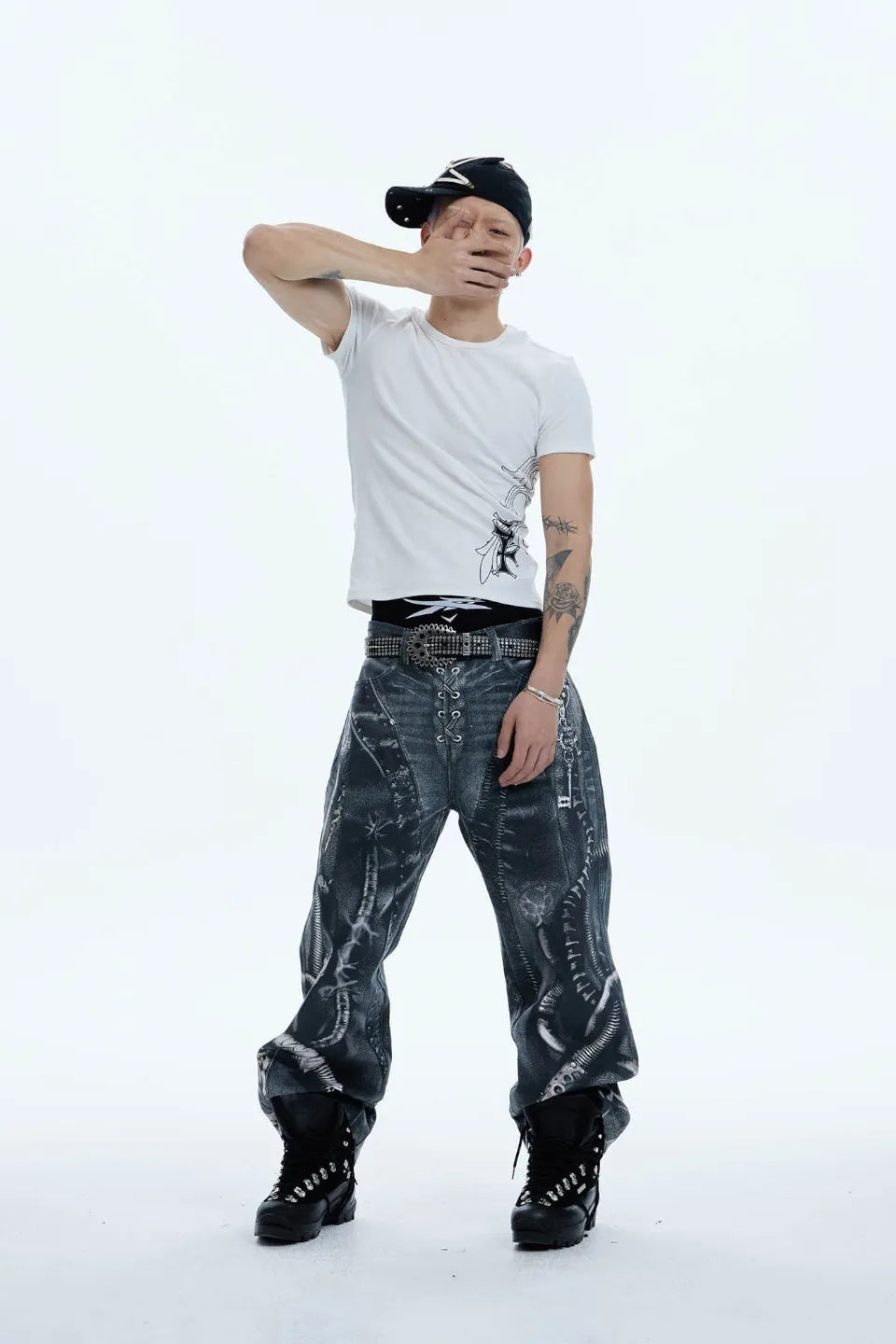 Industrial Pipe Lace Up Graphic Baggy Jeans