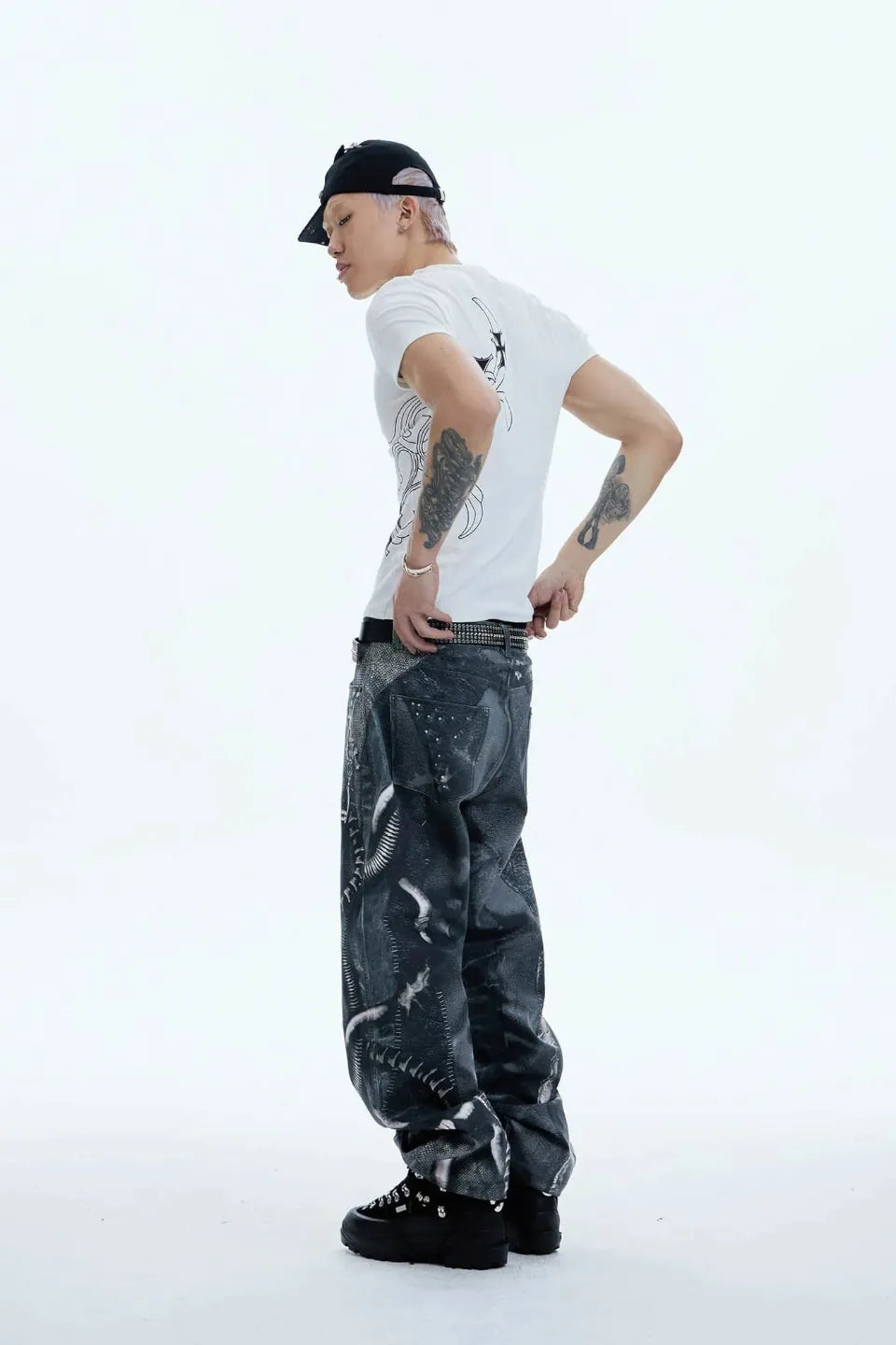 Industrial Pipe Lace Up Graphic Baggy Jeans