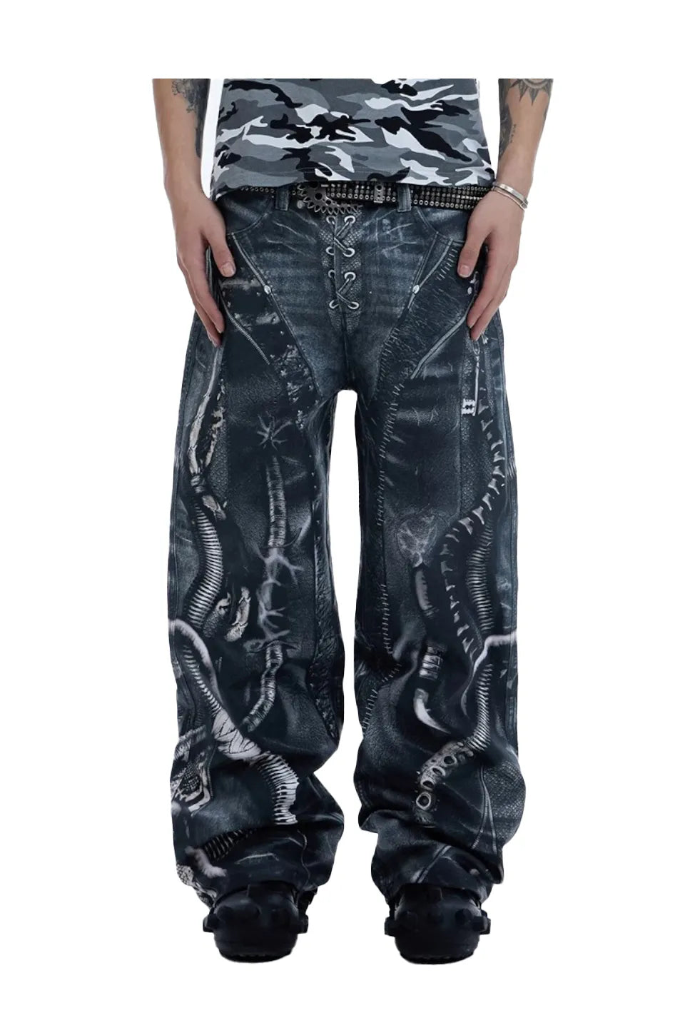 Industrial Pipe Lace Up Graphic Baggy Jeans