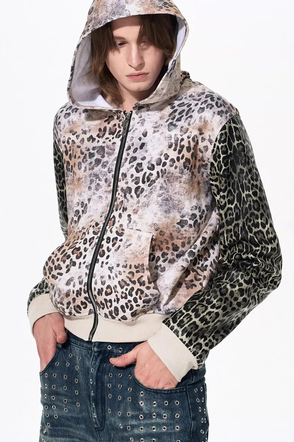 Leopard Panel Punk Studded Hoodie