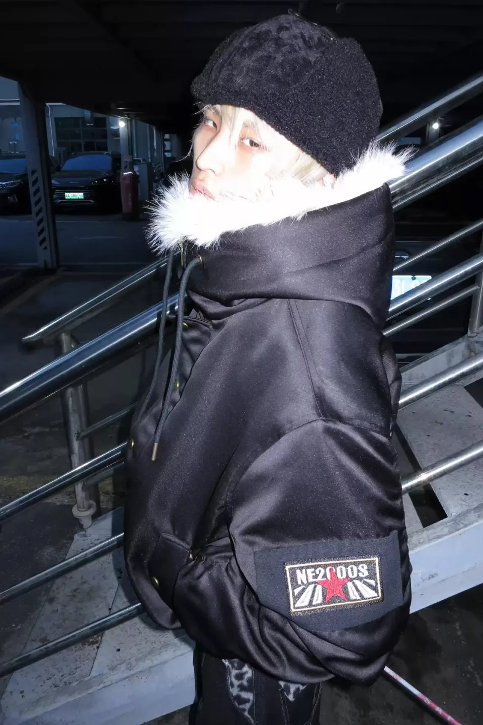 Leopard Print Hooded Fur Collar Military Badge Armband