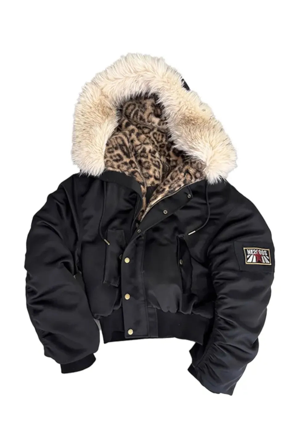 Leopard Print Hooded Fur Collar Military Badge Armband