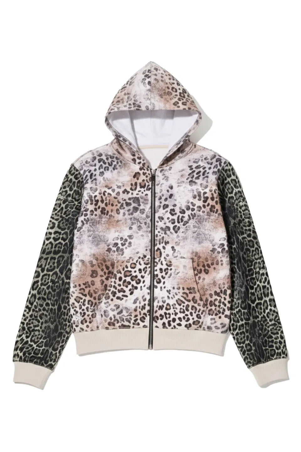 RYE CHASIN Leopard Panel Punk Studded Hoodie - レオパードファーの切り替えとスタッズ装飾が特徴のブラックパーカー正面
