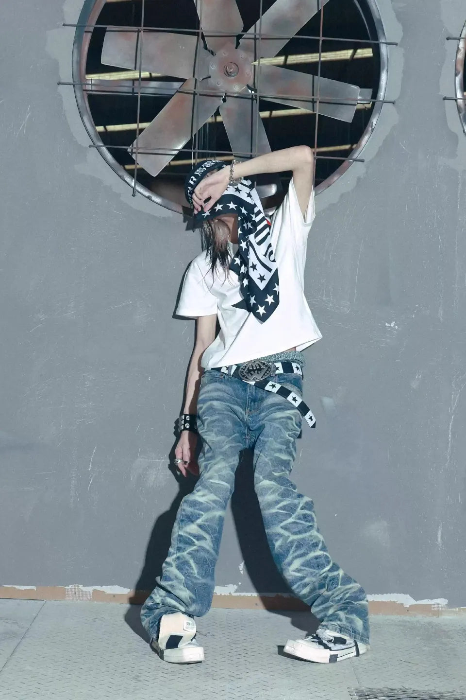 Lightning Pattern Faded Denim