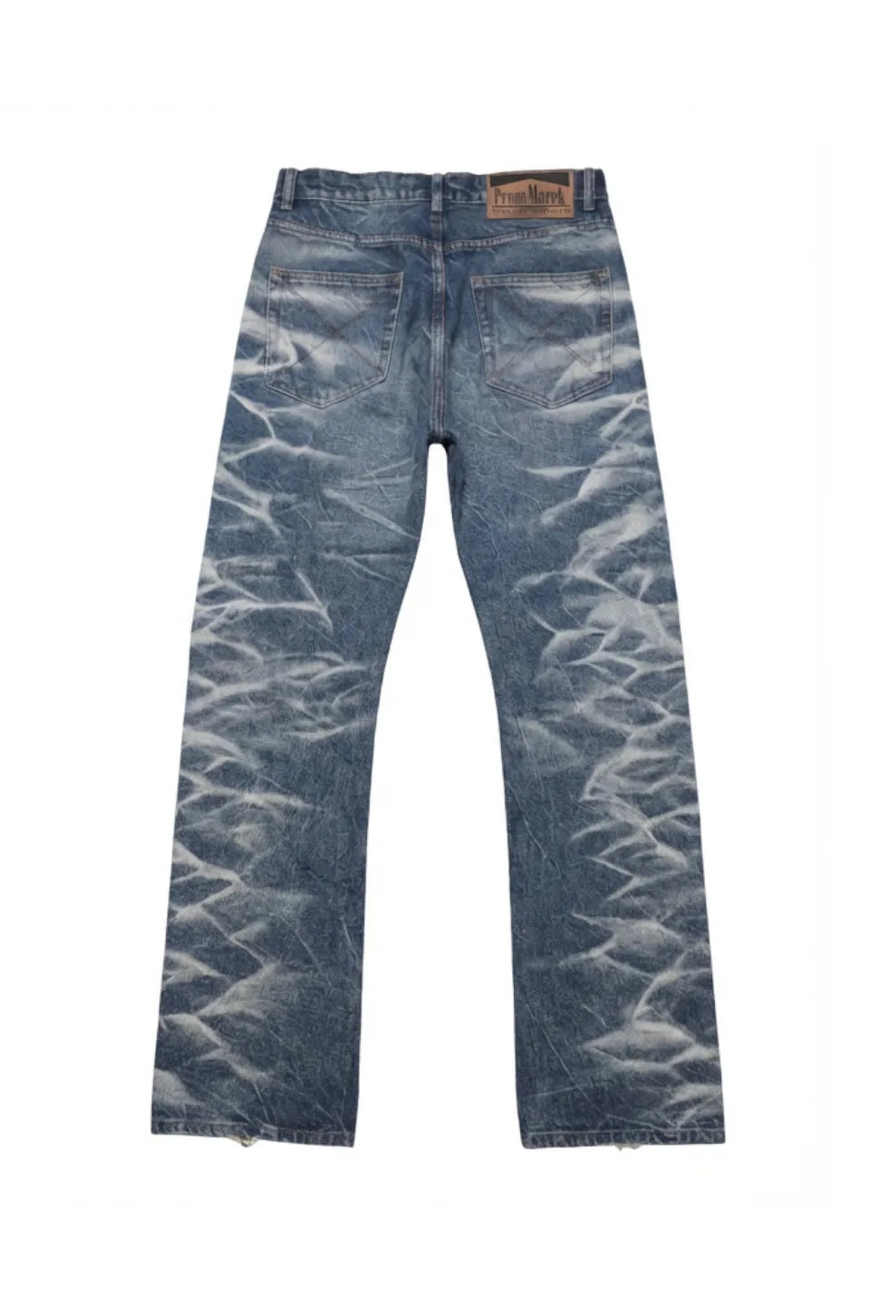 GROUPMAREK Lightning Pattern Faded Denim - 稲妻のような白いウォッシュ模様が特徴のフェードブルーデニム背面