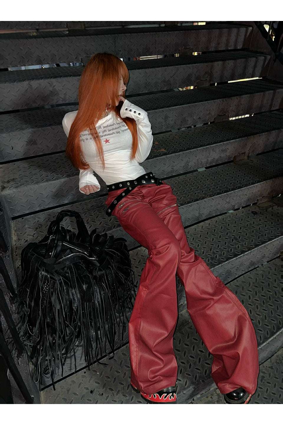 Liquid Metal Red Coated Flare Denim