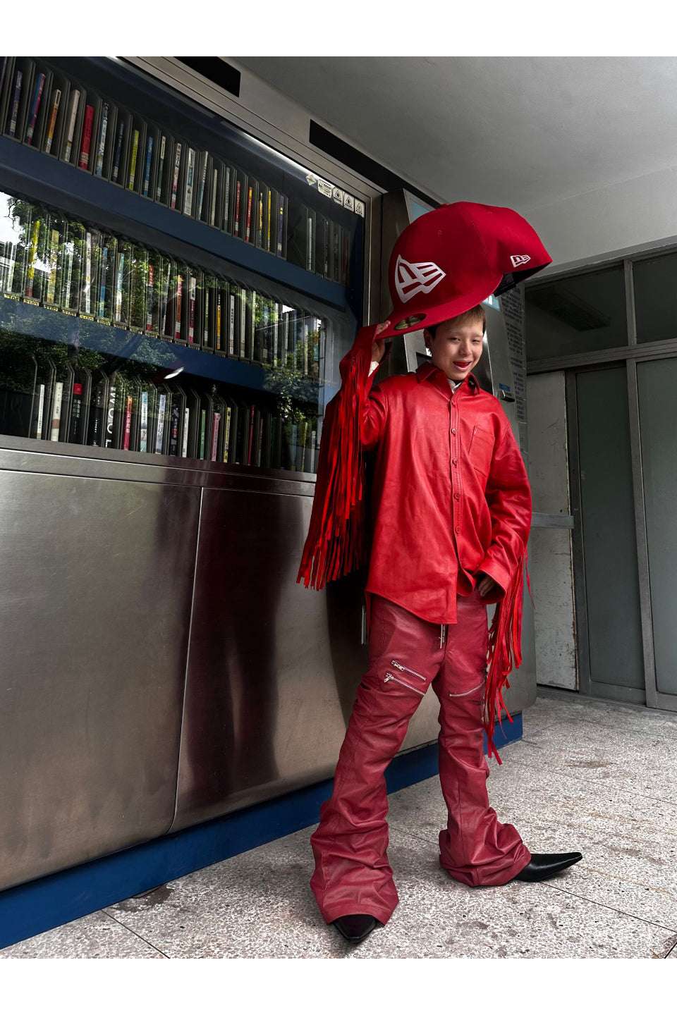 Liquid Metal Red Coated Flare Denim